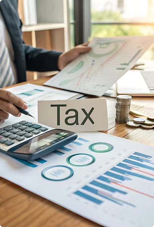 Tax documents and calculator on desk